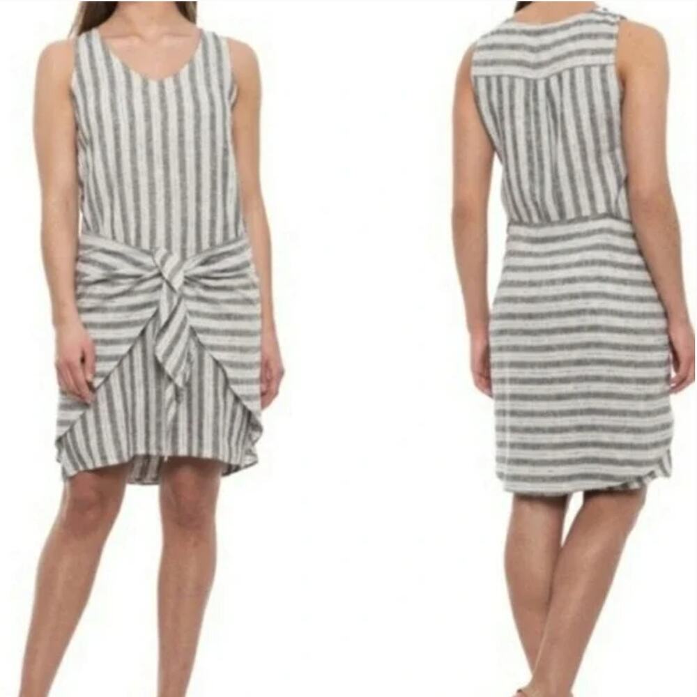 Drew Linen Morgan Striped Grey/Black Dress Wrap Knot Front Cottage Womens Medium